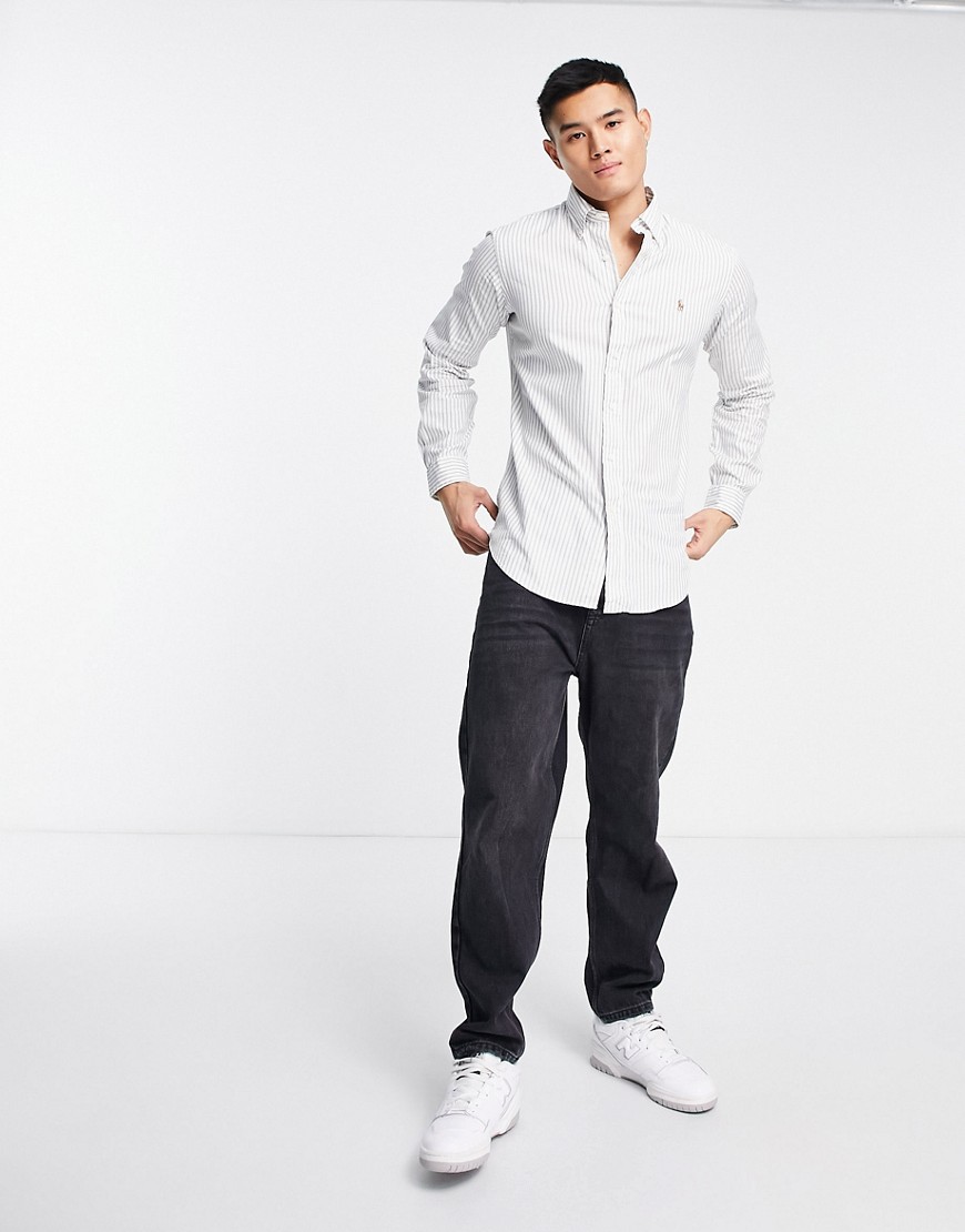 Camicia Oxford vestibilità standard elasticizzata bianca a righe grigie con logo-Grigio - Polo Ralph Lauren Camicia donna  - immagine3