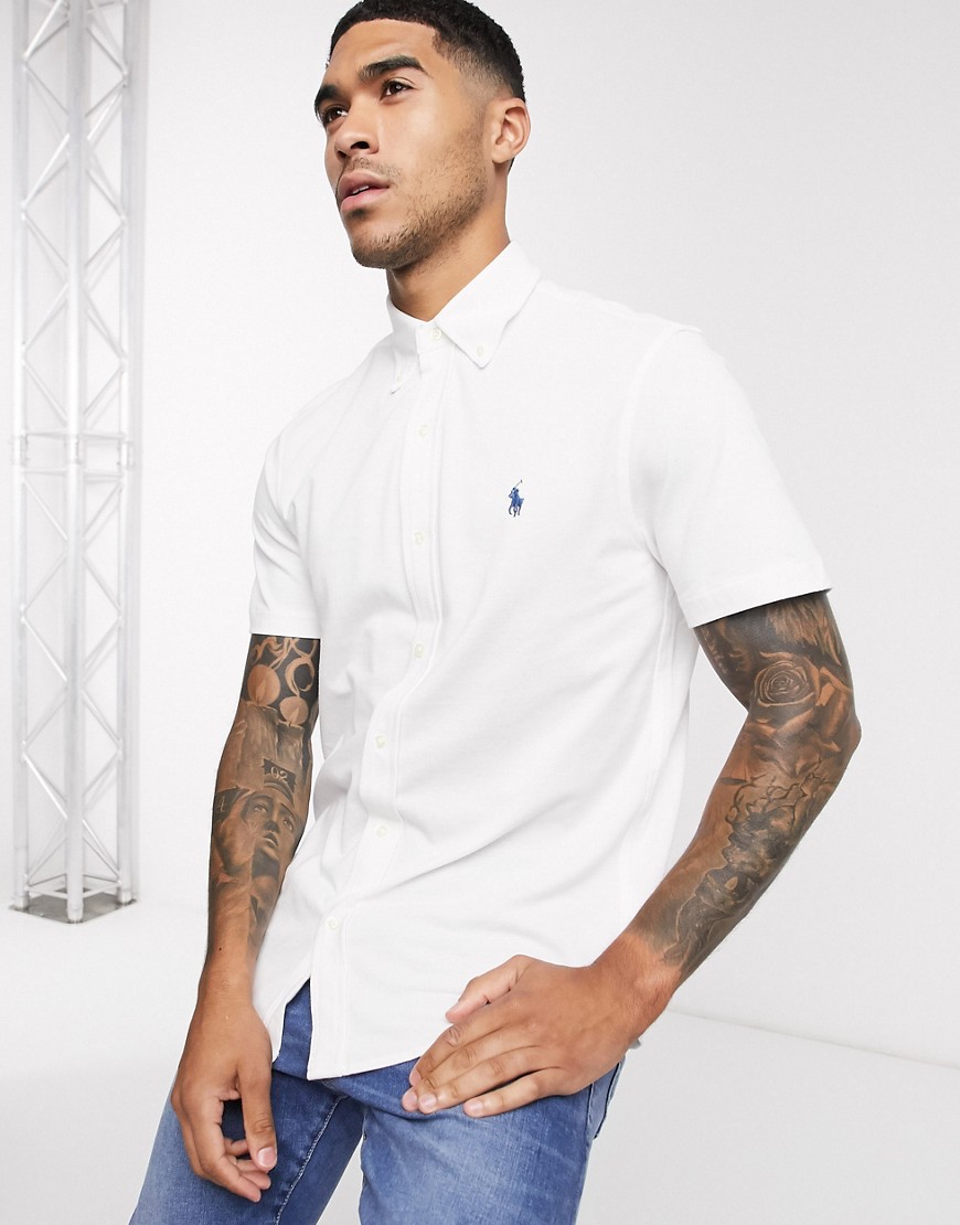 Polo Ralph Lauren - Camicia piqué slim bianca a maniche corte con logo-Bianco