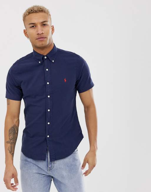 Polo Ralph Lauren - Camicia slim a maniche corte blu navy tinta in capo con colletto button-down, 3 di 4