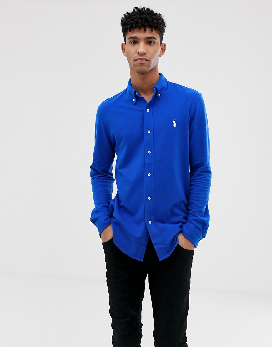 Polo Ralph Lauren - Camicia slim blu in piqué blu reale con bottoni e logo del giocatore
