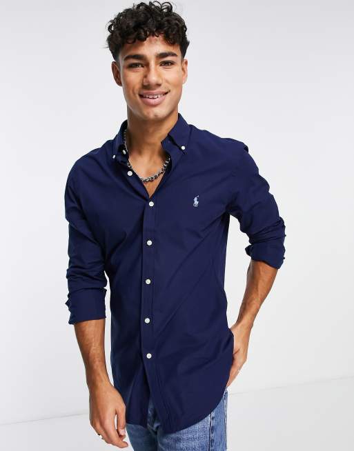 Polo Ralph Lauren - Camicia slim blu navy in popeline con colletto button-down e logo del giocatore di polo, 2 di 4
