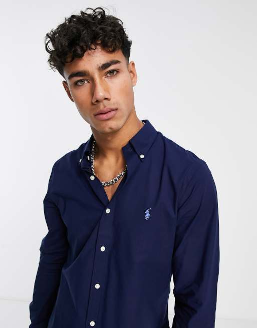 Polo Ralph Lauren - Camicia slim blu navy in popeline con colletto button-down e logo del giocatore di polo, 3 di 4