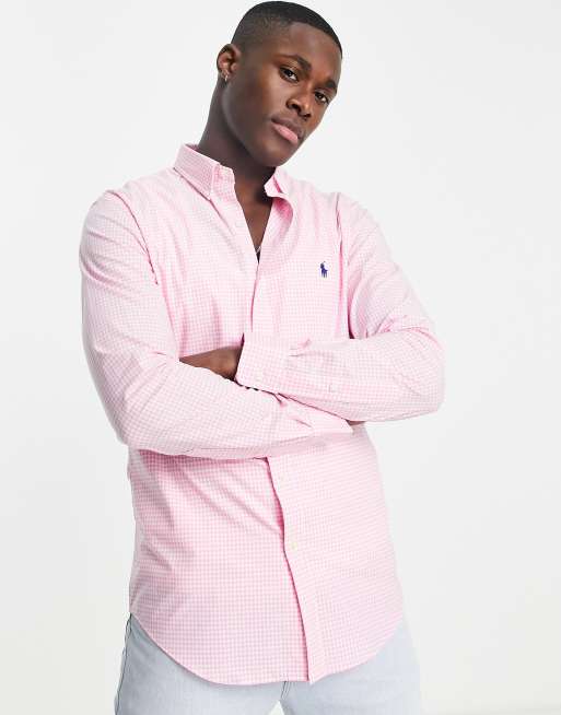 Polo Ralph Lauren - Camicia slim fit in popeline rosa e bianco a quadretti con logo