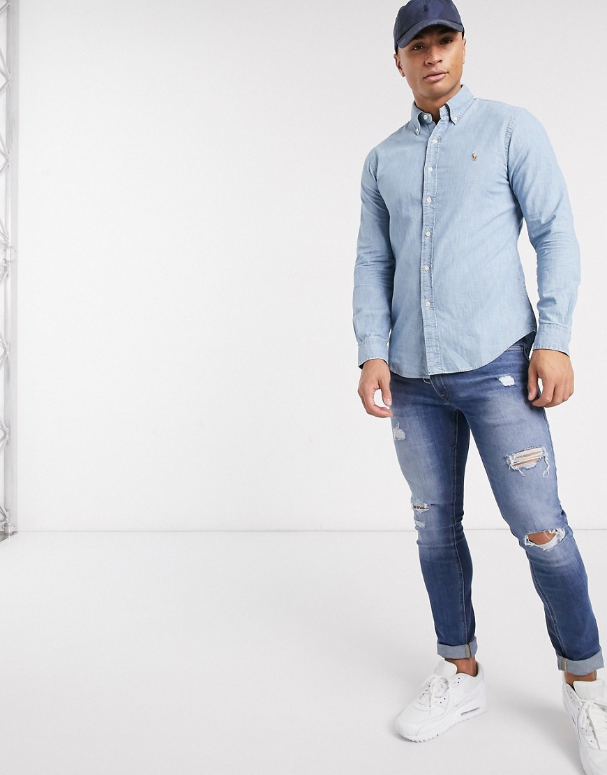 Polo Ralph Lauren - Camicia slim in chambray lavaggio chiaro con logo-Blu