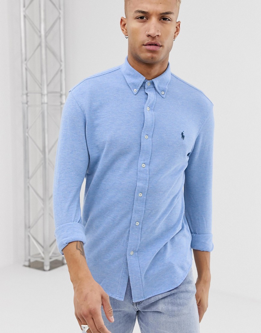 Polo Ralph Lauren - Camicia slim in piqué blu mélange con bottoni e logo del giocatore