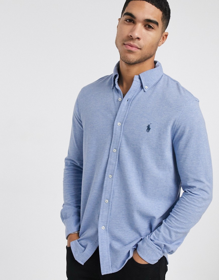 Polo Ralph Lauren - Camicia slim in piqué blu mélange con logo
