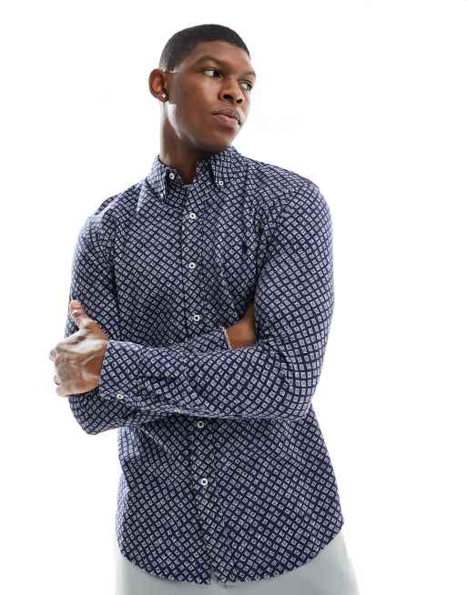 Polo Ralph Lauren - Camicia slim in piqué blu navy con icona del logo e stampa stile foulard