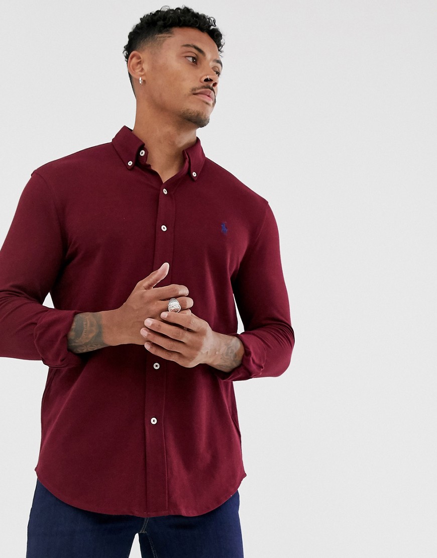 Polo Ralph Lauren - Camicia slim in piqué bordeaux con logo-Rosso