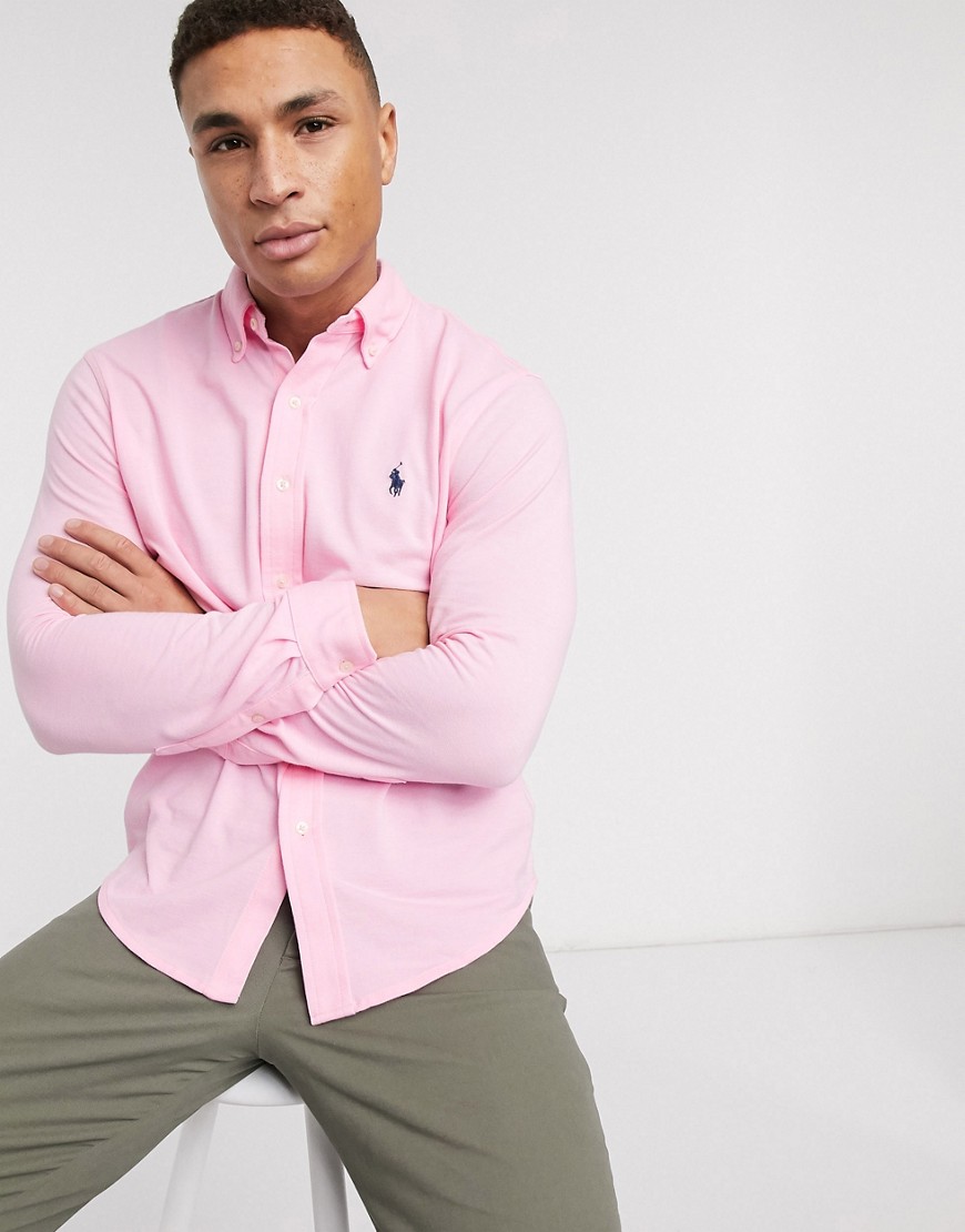 Polo Ralph Lauren - Camicia slim in piqué rosa con logo