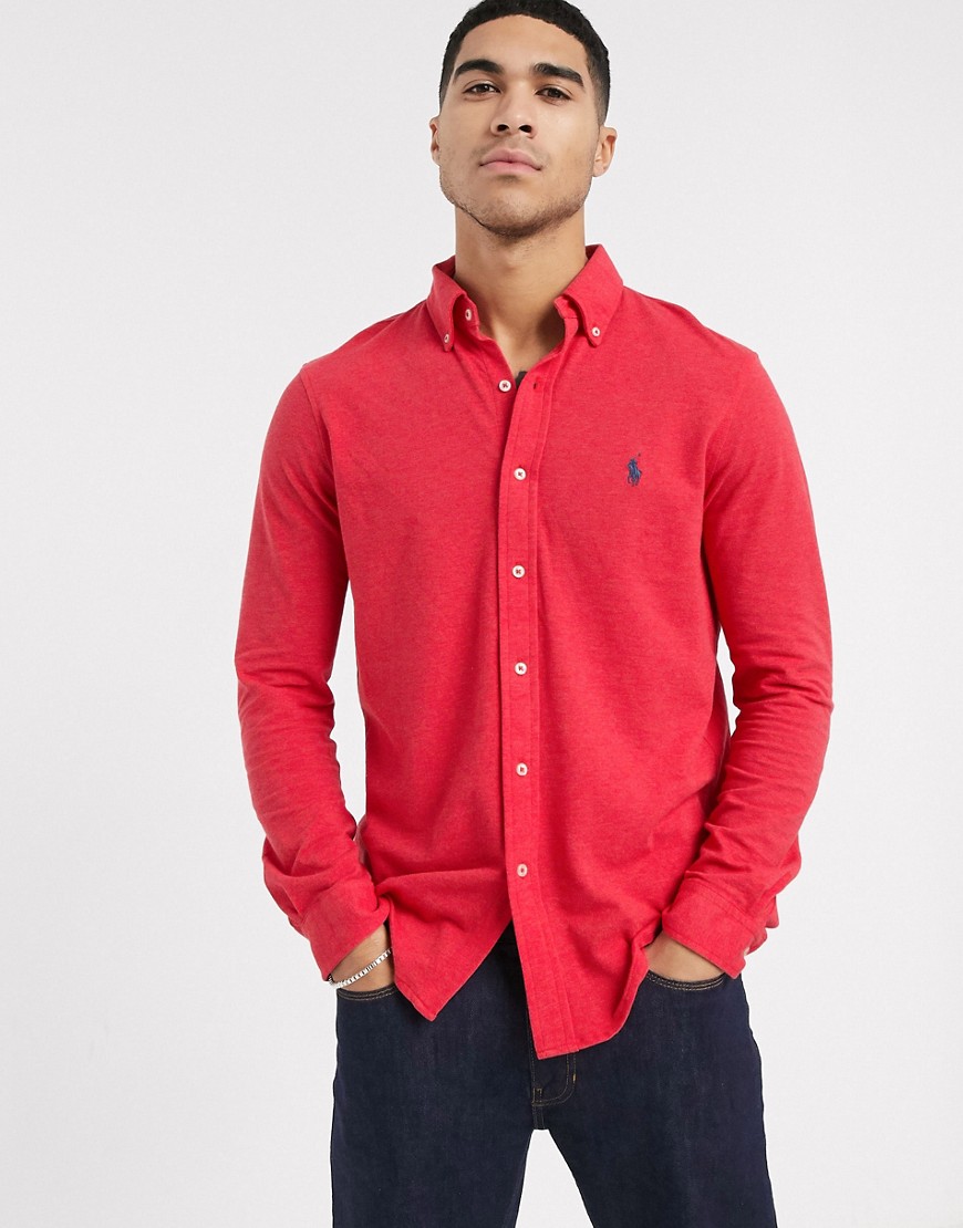 Polo Ralph Lauren - Camicia slim in piqué rosso mélange con logo