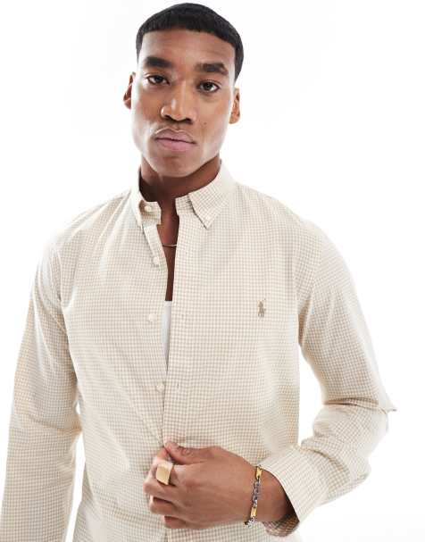 Polo Ralph Lauren - Camicia slim in popeline elasticizzata in due direzioni beige e bianca a quadri con logo - view 1