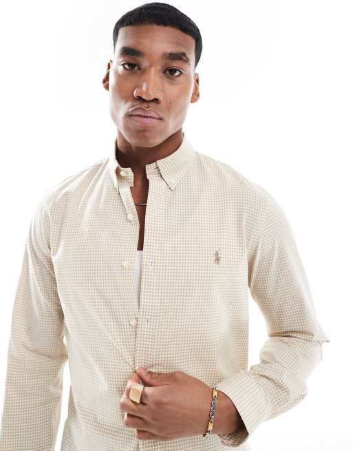 Polo Ralph Lauren - Camicia slim in popeline elasticizzata in due direzioni beige e bianca a quadri con logo