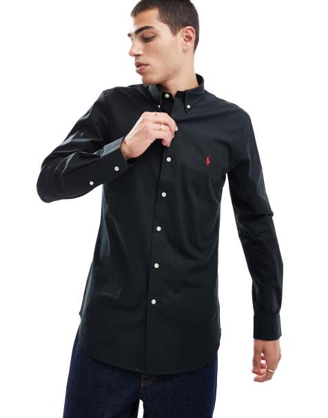 Polo Ralph Lauren - Camicia slim nera in popeline con logo a giocatore di polo e colletto button-down - view 1