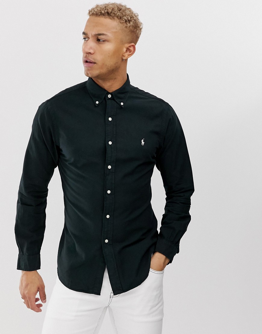 Polo Ralph Lauren - Camicia slim nera tintain capo con logo a giocatore e colletto button-down-Nero