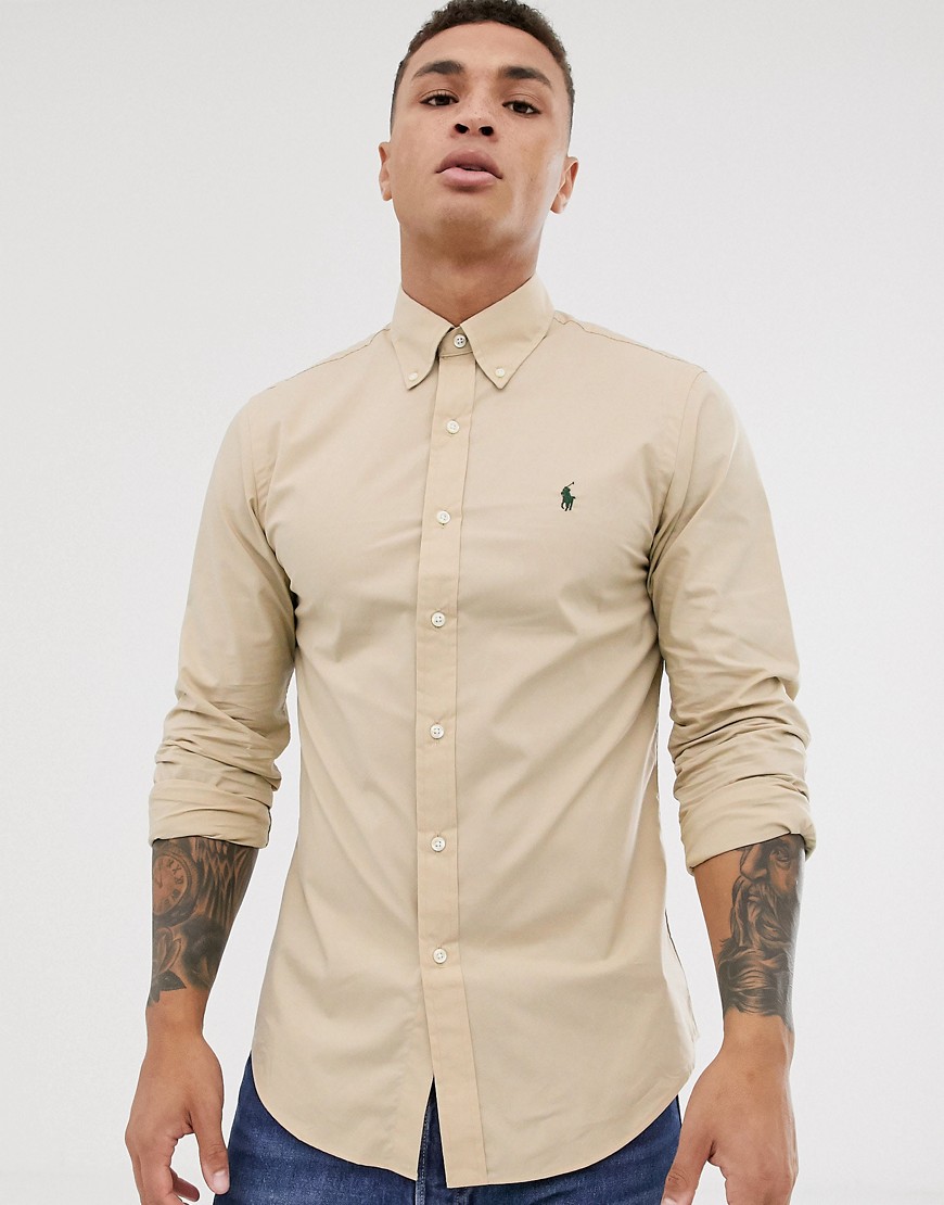 Polo Ralph Lauren - Camicia slim stretch in popeline cuoio con logo e colletto button-down