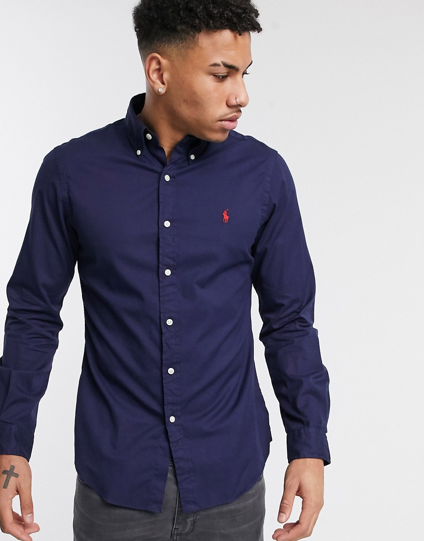 Polo Ralph Lauren - Camicia slim tinta in capo blu navy con logo