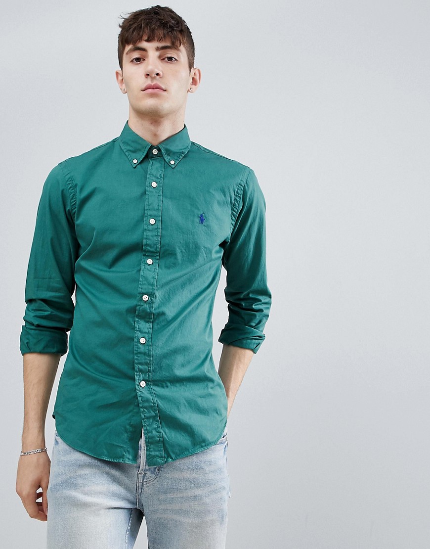Polo Ralph Lauren - Camicia slim verde slavato tinta in capo con colletto button-down e logo a giocatore di polo