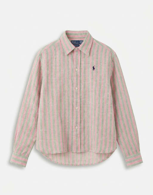 Polo Ralph Lauren - Camicia squadrata in lino rosso/verde a righe con logo, 5 di 8