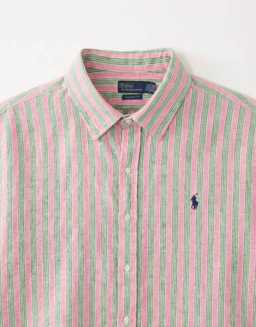 Polo Ralph Lauren - Camicia squadrata in lino rosso/verde a righe con logo, 7 di 8