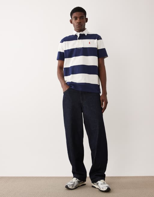 Polo Ralph Lauren - Camicia stile rugby a maniche corte blu navy e bianca a righe con logo iconico, 2 di 5