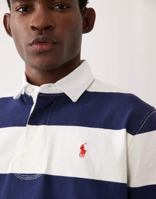Polo Ralph Lauren - Camicia stile rugby a maniche corte blu navy e bianca a righe con logo iconico, 5 di 5