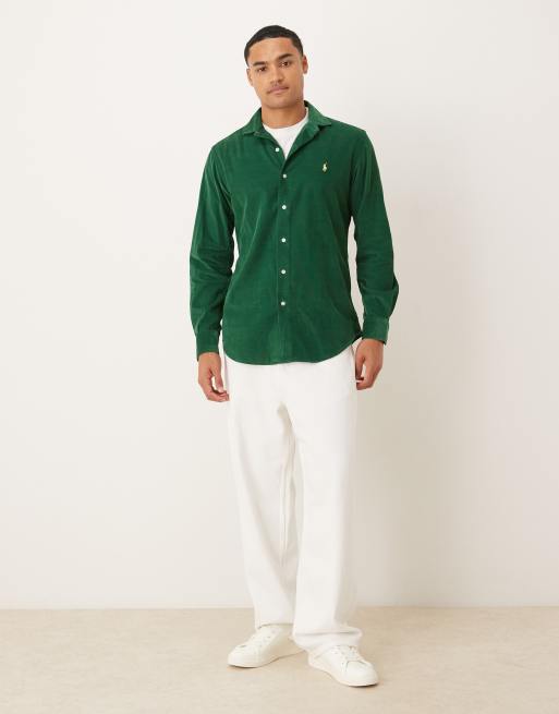 Polo Ralph Lauren - Camicia verde custom fit in tessuto a coste con logo, 2 di 5