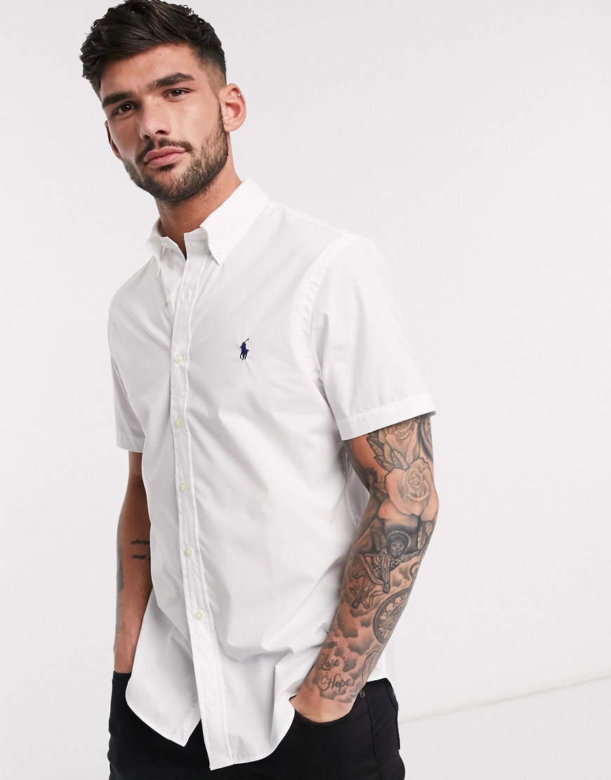 Polo Ralph Lauren - Camiciaa maniche corte slim con logo in popeline bianca-Bianco