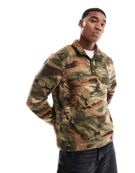 Polo Ralph Lauren camo ski scenic print polar fleece half zip sweatshirt in multi - view 1