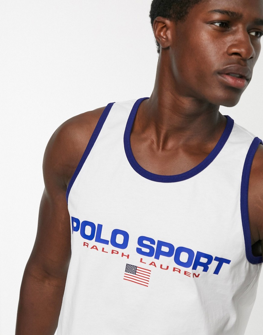 Polo Ralph Lauren - Canotta bianca sportiva con logo e bandiera-Bianco