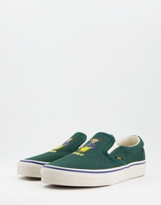 Polo Ralph Lauren canvas slip on trainer in green with bear logo