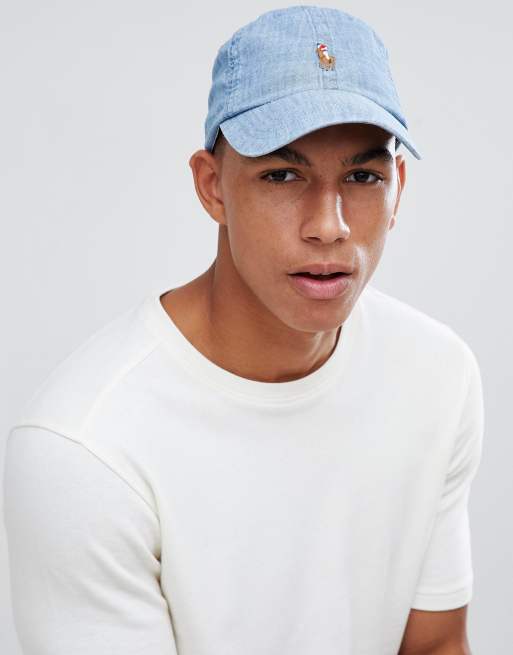 Polo Ralph Lauren - Cappellino azzurro in denim di chambray con logo a giocatore multicolore