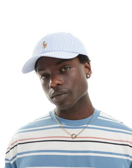 Polo Ralph Lauren Cappello con visiera in seersucker a righe blu con logo a icona multicolore ASOS