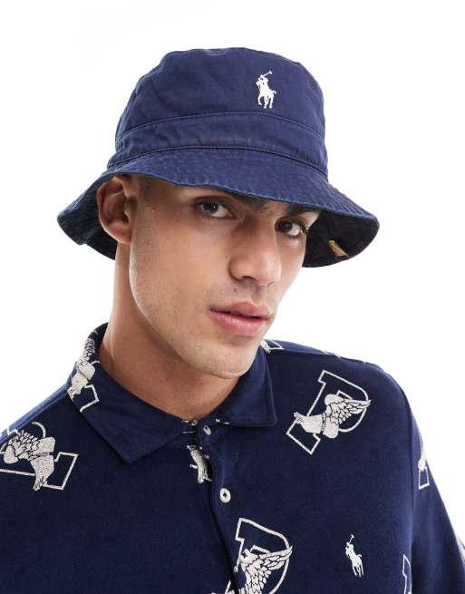 Polo Ralph Lauren Cappello da pescatore in twill verde scuro e blu navy double face tinta unita e a quadri