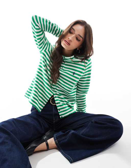 Polo Ralph Lauren - Cardigan a maniche lunghe verde e bianco a righe in jersey