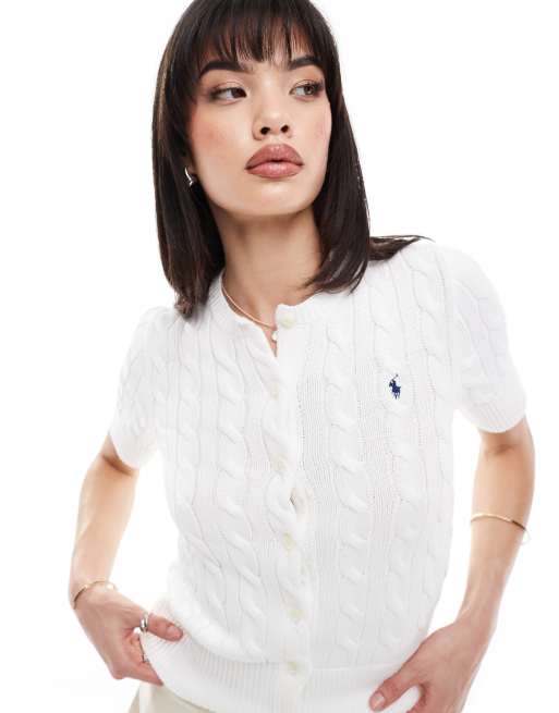 Polo Ralph Lauren - Cardigan bianco a maniche corte in maglia lavorata a trecce con logo