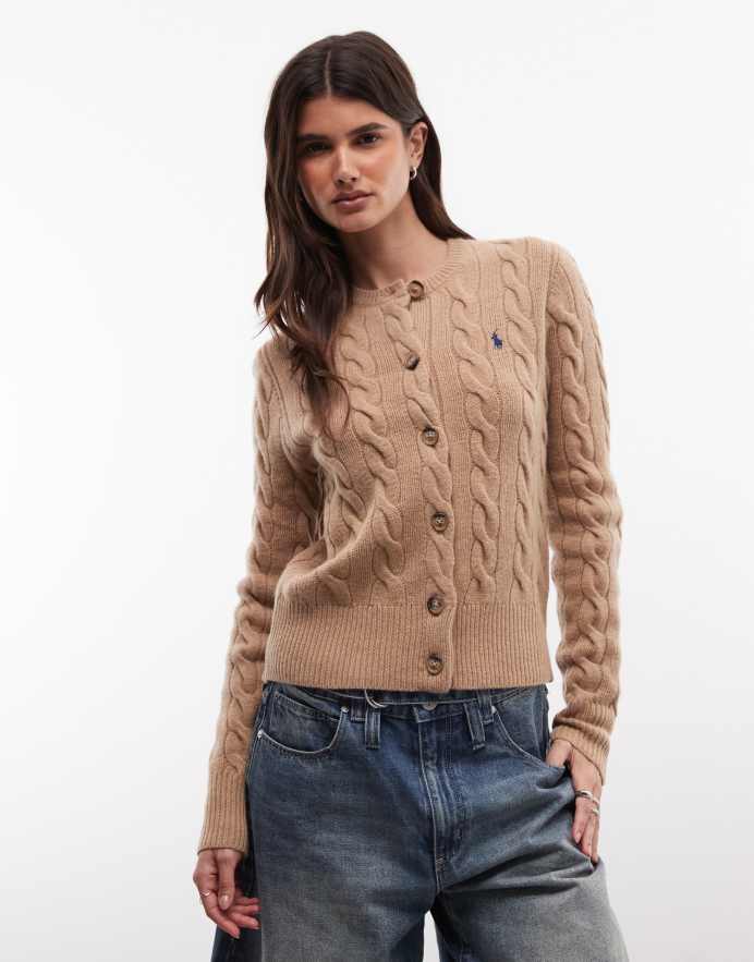 Polo Ralph Lauren cárdigan de punto de ochos mezcla de lana con logo icon en camel tostado
