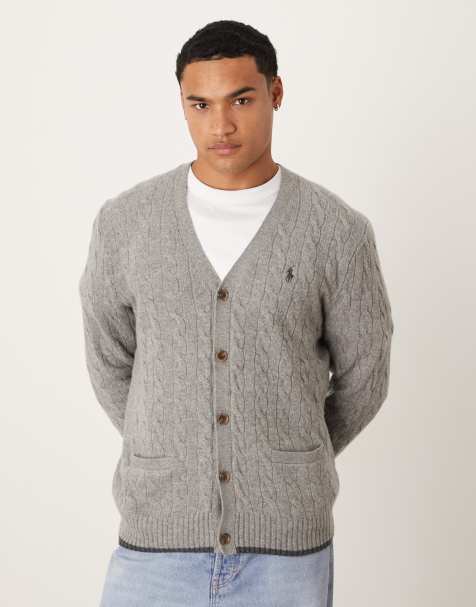 Polo Ralph Lauren - Cardigan lavorato in cotone a trecce grigio mélange con logo - view 1