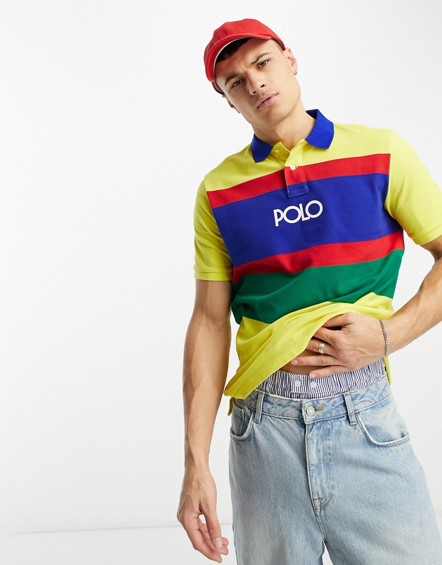 Polo Ralph Lauren central logo chest multi stripe pique polo classic fit in yellow