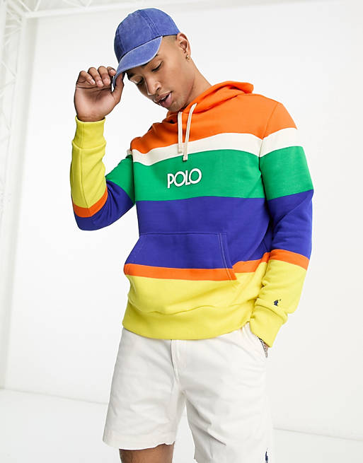 Polo Ralph Lauren central logo multi stripe hoodie in orange | ASOS
