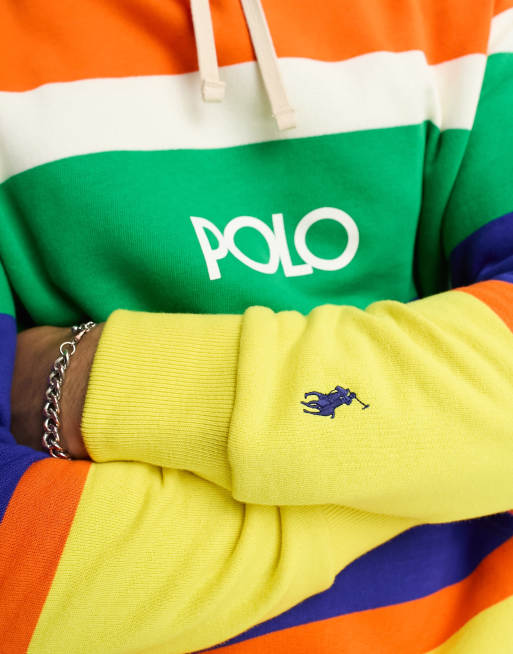 Polo Ralph Lauren central logo multi stripe hoodie in orange | ASOS