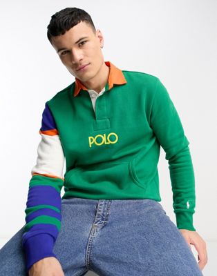 Polo Ralph Lauren central logo stripe sleeve sweat rugby polo in green multi - ASOS Price Checker