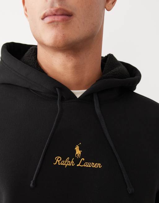 Polo Ralph Lauren central script icon logo borg hoodie in black, 5 of 5