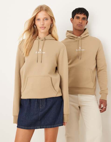 Polo Ralph Lauren central script icon logo double knit hoodie in beige - view 1