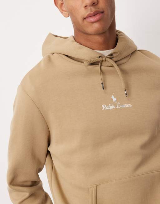 Polo Ralph Lauren central script icon logo double knit jersey hoodie in beige, 5 of 5