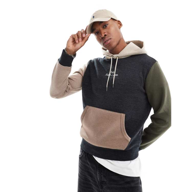 Polo Ralph Lauren central script logo colourblock double knit hoodie in black marl multi ASOS