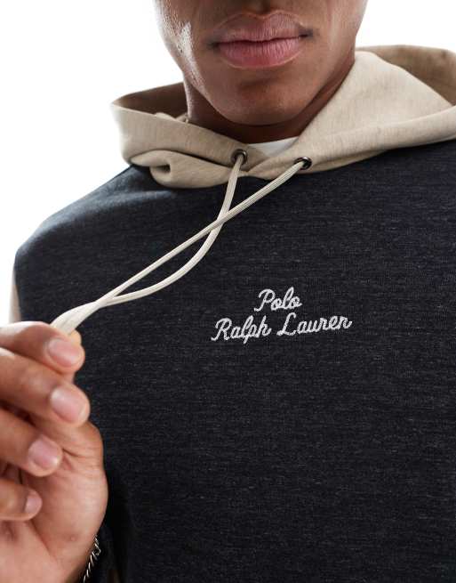 Polo Ralph Lauren central script logo colourblock double knit hoodie in black marl multi, 3 of 4