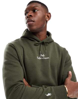Polo Ralph Lauren central script logo double knit hoodie in dark green ...