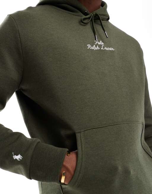 Polo Ralph Lauren central script logo double knit hoodie in dark green marl, 4 of 4