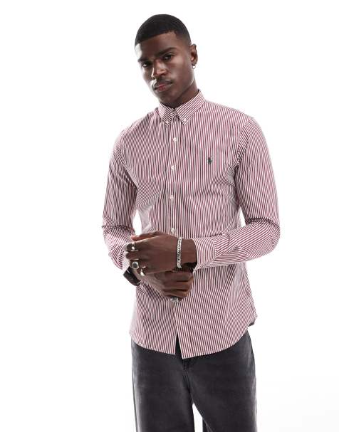 Polo Ralph Lauren - Chemise ajustée à logo en popeline rayée - Bordeaux/blanc - view 1