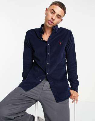 Polo Ralph Lauren Chemise ajust e boutonn e avec logo embl matique en velours c tel fin Bleu marine